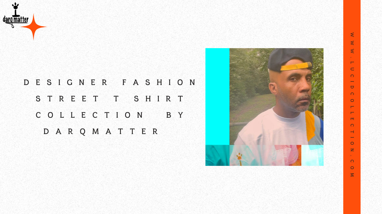 YouTube Thumbnail with picture of Model w/ white lucid t shirt with yelow, light blue and dark blue seamed panels on the left should, model wearing an indigo blue strapback cap with yellow leather strap